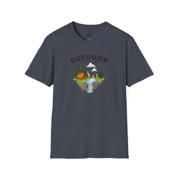 Dark heather navy T-shirt with outdoor graphic print across the chest