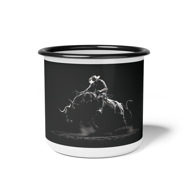Black enamel camp mug with white base, black rim, bucking bull illustration.