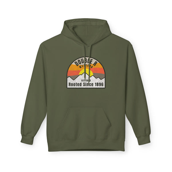 Olive green western hoodie with front chest graphic logo and kangaroo pocket