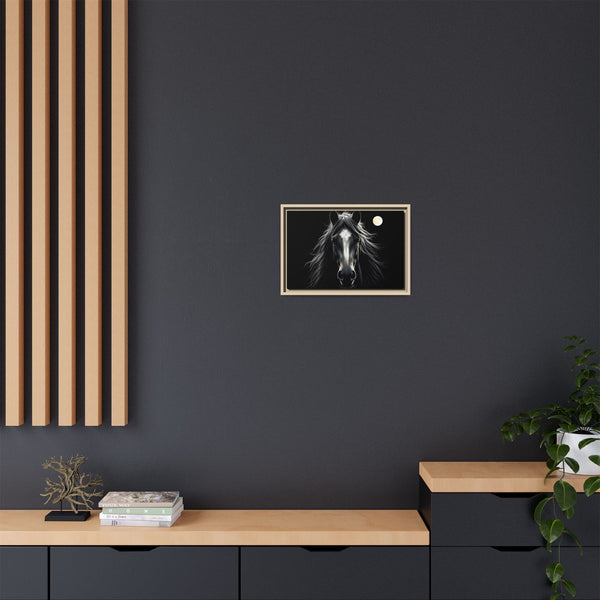 Framed horse canvas art with dark background, light wood frame, and crescent moon detail