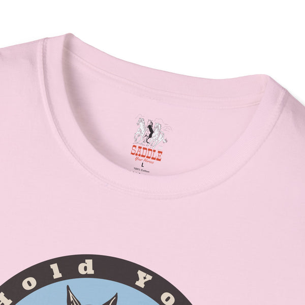 Women's western graphic T-shirt, light pink with small chest horse logo