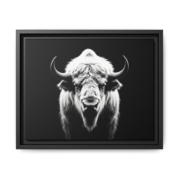 Framed bison art print with white-and-black bull portrait, black frame