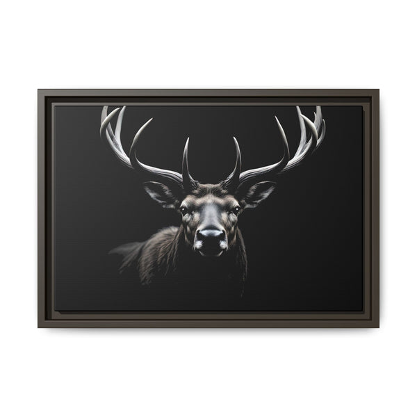 Framed western canvas art with monochrome elk head and antlers, dark gray frame