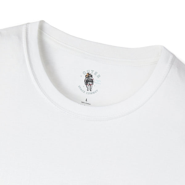 Women’s white T-shirt with small back graphic at the neckline