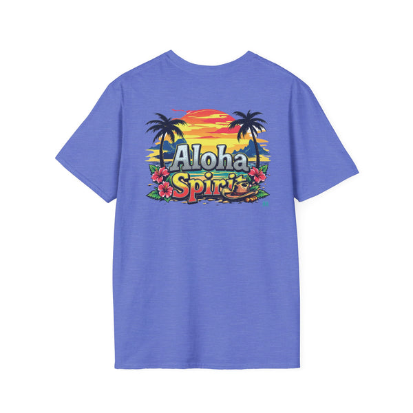Men's blue-purple T-shirt with large front Aloha Spirit graphic and crew neckline