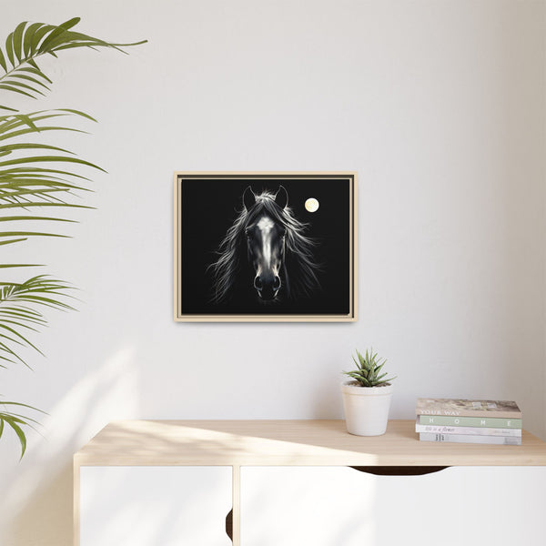 Framed horse canvas art with dark background and light wood frame, small moon above horse