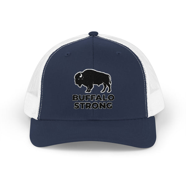 Navy western trucker hat with white mesh sides, Buffalo Strong logo