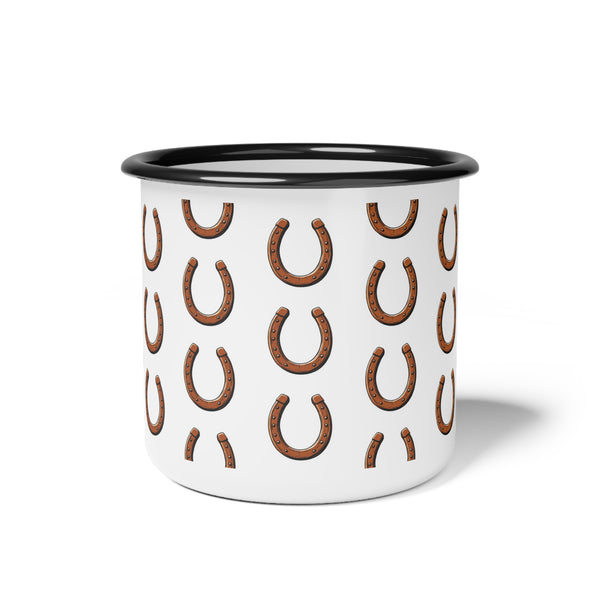 Enamel camp mug with black rim, white sides, repeating brown horseshoe pattern