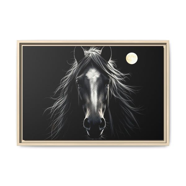 Framed western horse portrait on dark canvas with glowing moon; light beige frame