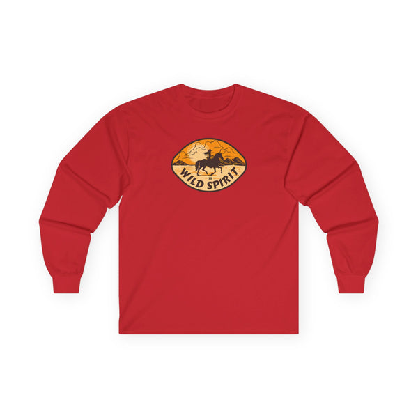 Red women's jersey long sleeve tee with Wild Spirit graphic on chest