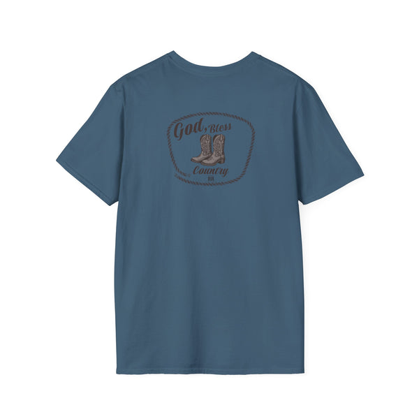 Blue heavy cotton T-shirt with “God Bless Country” circular chest graphic