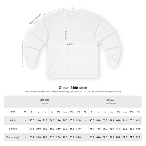 Long sleeve T-shirt size chart table with imperial and metric sizes
