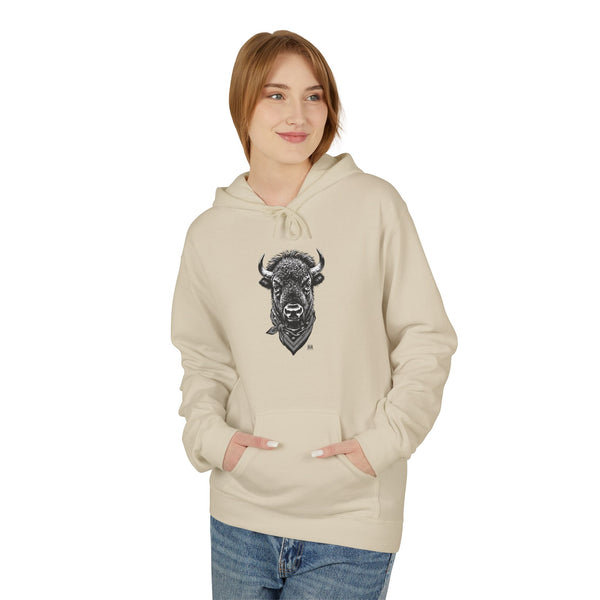 Sand pullover hoodie with front bison graphic, kangaroo pocket, and drawstring hood