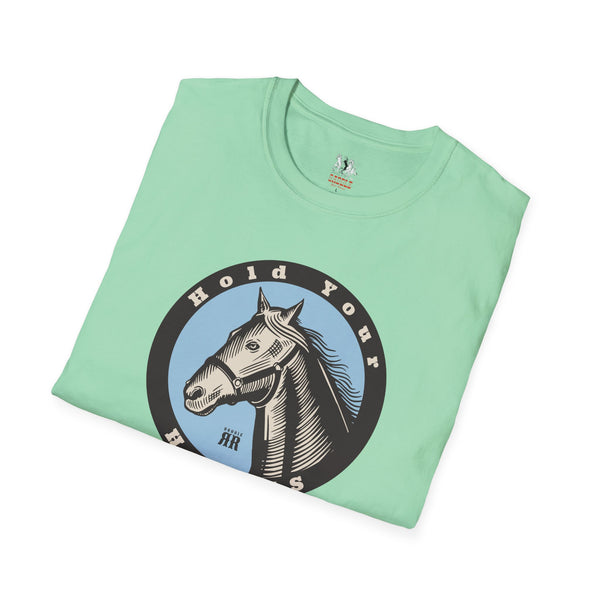 Mint green western graphic T-shirt with large circular horse artwork