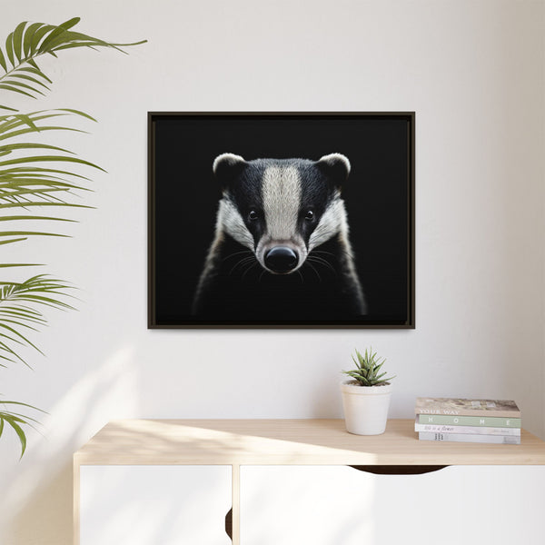 Framed canvas wall art featuring a centered badger portrait, dark background, black frame