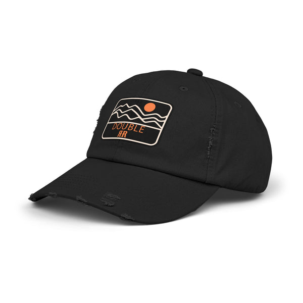 Black distressed dad hat with front logo patch and curved brim