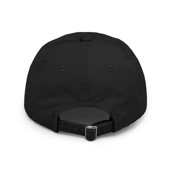 Black distressed dad hat, back view with adjustable fabric strap
