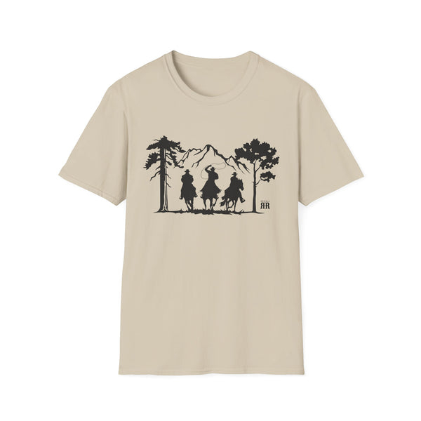 Beige crew neck T-shirt with western rider silhouette graphic on chest