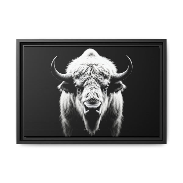 Framed bison portrait wall art with white-and-black fur, black frame