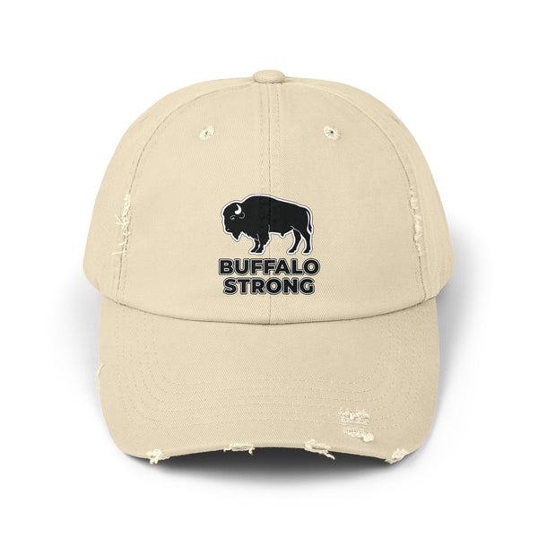 Stone distressed dad hat with buffalo graphic and 'BUFFALO STRONG' print
