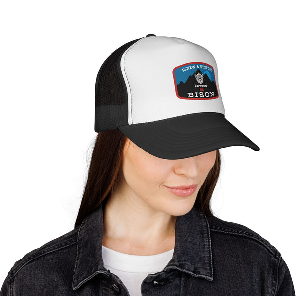 Bison trucker hat with white front panel, black mesh sides, and curved brim
