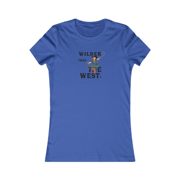 Blue softstyle tee with crew neck and centered cowboy graphic print.