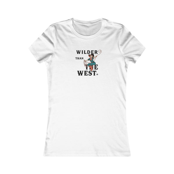 White softstyle tee with crew neck and centered cowboy graphic print.