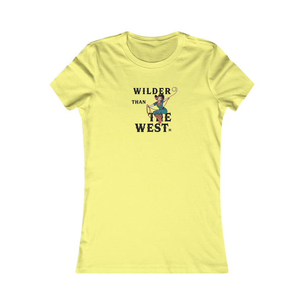 Yellow softstyle tee with crew neck and centered cowboy graphic print.