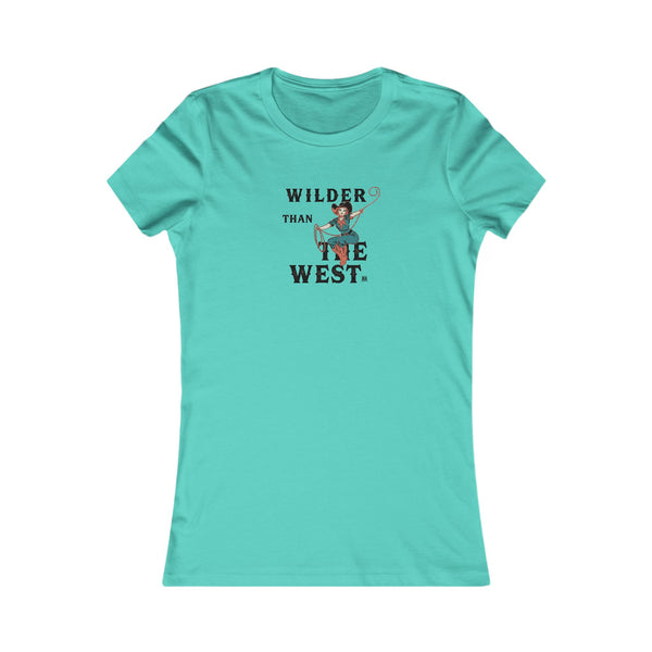 Teal softstyle tee with crew neck and centered cowboy graphic print.