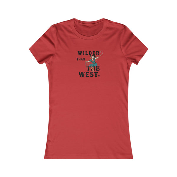 Red softstyle tee with crew neck and centered cowboy graphic print.