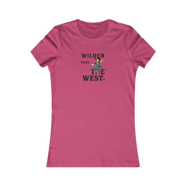 Berry pink softstyle tee with crew neck and centered cowboy graphic print.