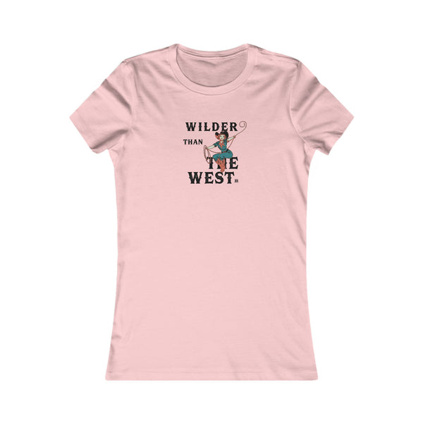 Light pink softstyle tee with crew neck and centered cowboy graphic print.