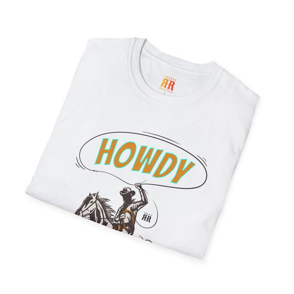 White cowboy graphic T-shirt with Howdy text and horse rider print