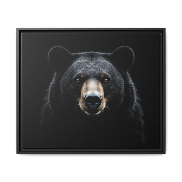 Framed bear canvas art with close-up bear face, black frame, dark background