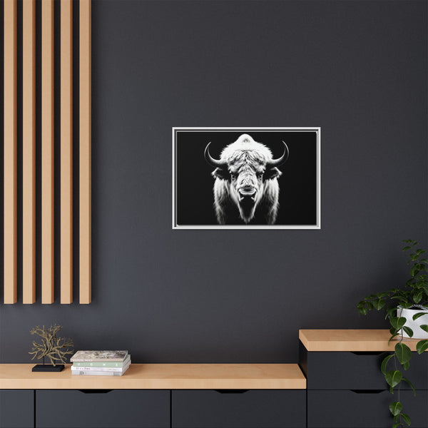 Small framed bison head wall art with white-and-black portrait on dark background, light frame