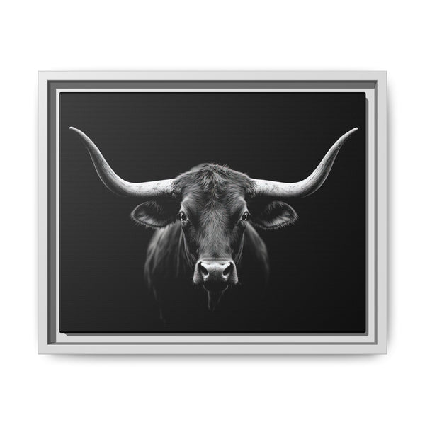 Framed western canvas art with monochrome bucking bull head, light gray frame