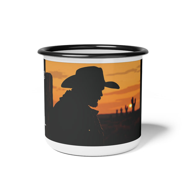 Enamel camp mug with black rim, cowboy silhouette at sunset print.