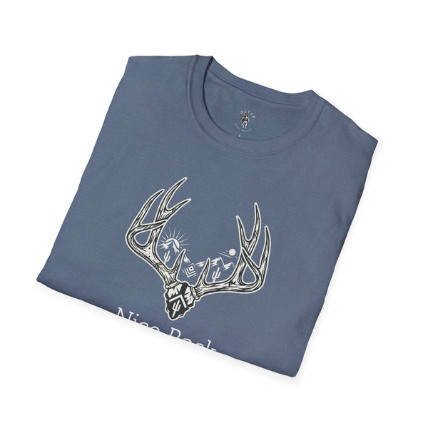 Heather blue crewneck T-shirt with outlined deer-antler and cactus graphic
