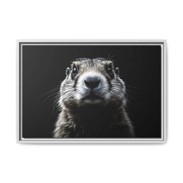 Framed canvas wall art with prairie dog portrait, light gray frame, full view