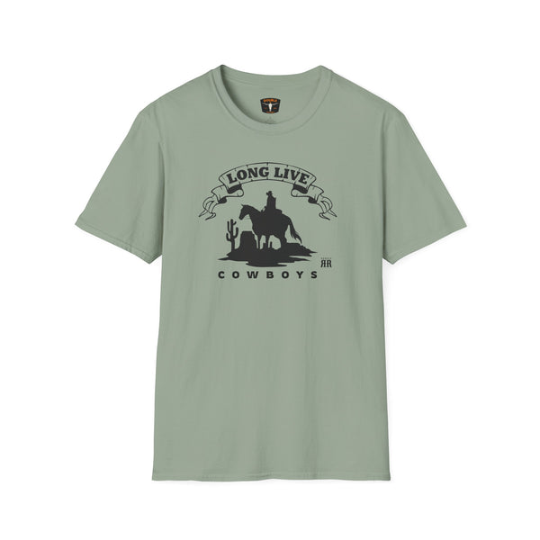 Sage green T-shirt with cowboy silhouette and “Long Live” ribbon graphic at chest