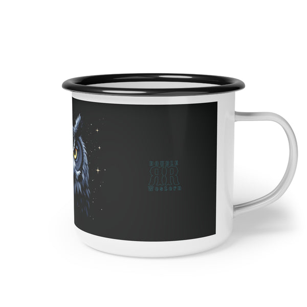Black enamel camp mug with owl corner graphic and Double R logo, white handle and base