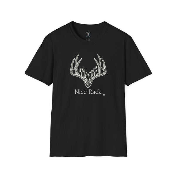 Black western graphic T-shirt with white antler logo and chest text