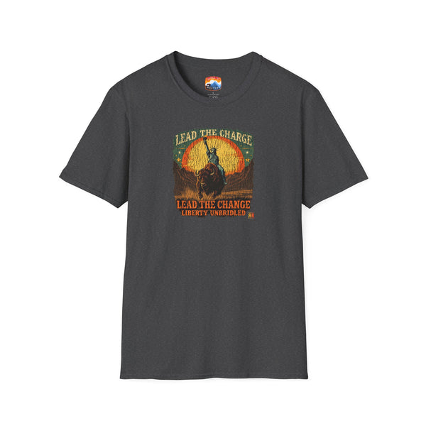 Dark gray heather graphic T-shirt with bison and patriotic text on the front