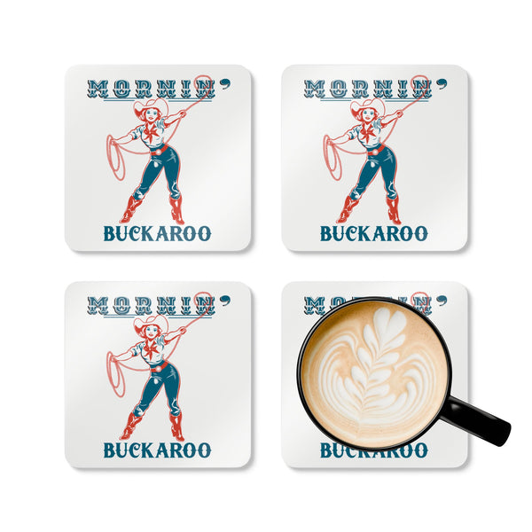 Four square cork coasters showing retro cowgirl “BUCKAROO” design