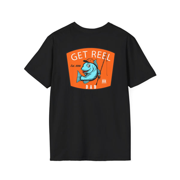 Black western graphic T-shirt with “GET REEL DAD” front chest print