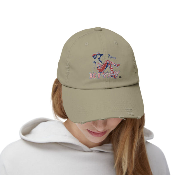 Yippie Ki-Yay Western Wear Distressed Dad Hat in Light Olive, front design detail
