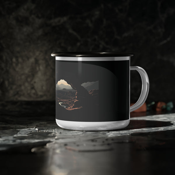 Enamel camp cup with black rim and arch landscape print, white base and handle