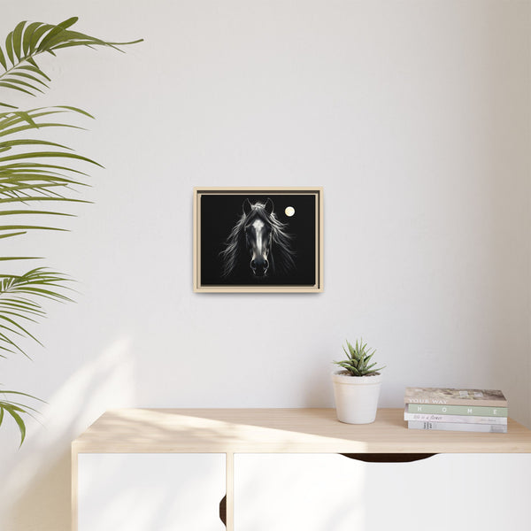 Framed western canvas art with a black horse portrait, white mane, and moon on dark canvas