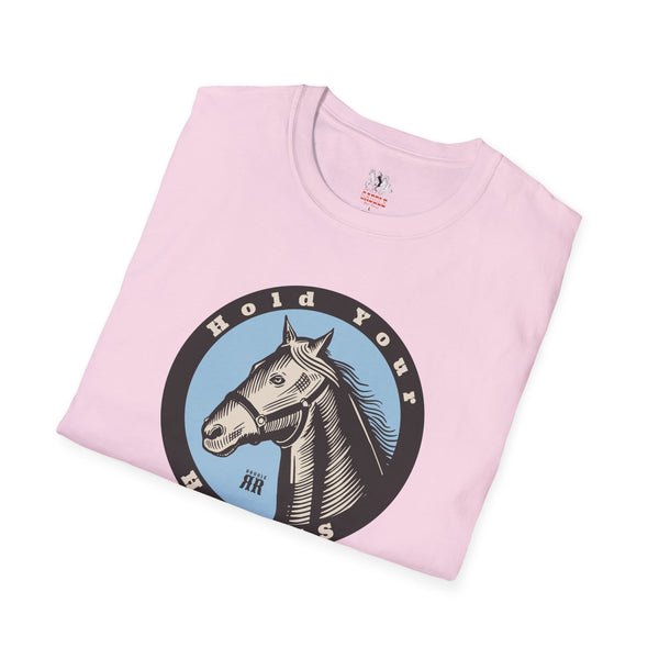 Women's western graphic T-shirt, light pink with large circular horse print
