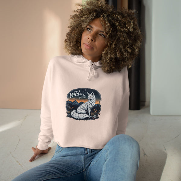White women's cropped hooded sweatshirt with front graphic and long sleeves